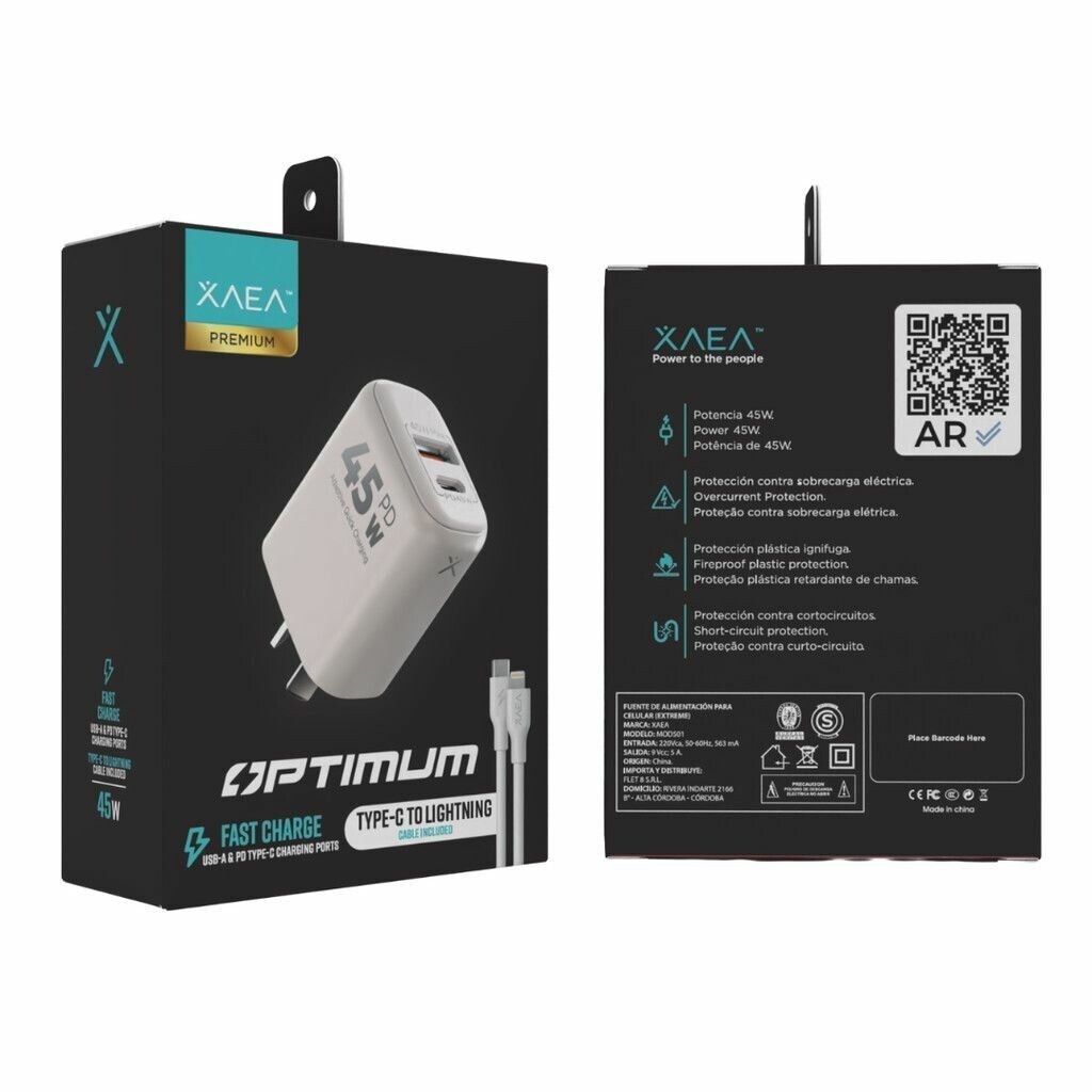 CARGADOR 220V OPTIMUM - 5A - PUERTOS USB-C + CABLE C-IP - XAEA CARGADOR 220V OPTIMUM - 5A - PUERTOS USB-C + CABLE C-IP - XAEA - Imagen 1